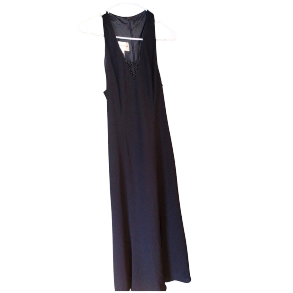 Evan Picone black full length dress, jeweled neck, sleeveless, size 12